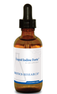 A brown glass bottle with a dropper labeled "Liquid Iodine Forte" by Biotics Research. The bottle contains 2 fluid ounces and is marked as a dietary supplement.
