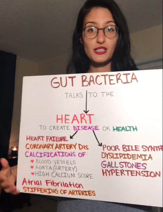 Melissa health educator holding a whiteboard explaining how gut bacteria influence heart disease, showing conditions like atherosclerosis, atrial fibrillation, and coronary artery disease alongside related pathogens.