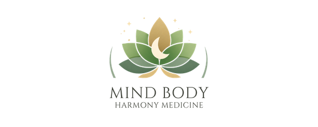 Mind Body Harmony Medicine logo featuring a green lotus flower with a gold flame at the center and the practice name below.